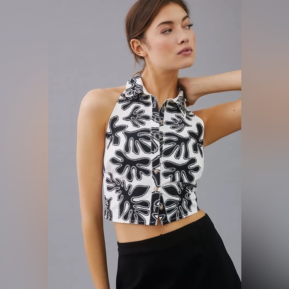 Anthropologie Pilcro Deco Halter Top Button Up Cotton Embroidered Print Patch - Picture 4 of 9